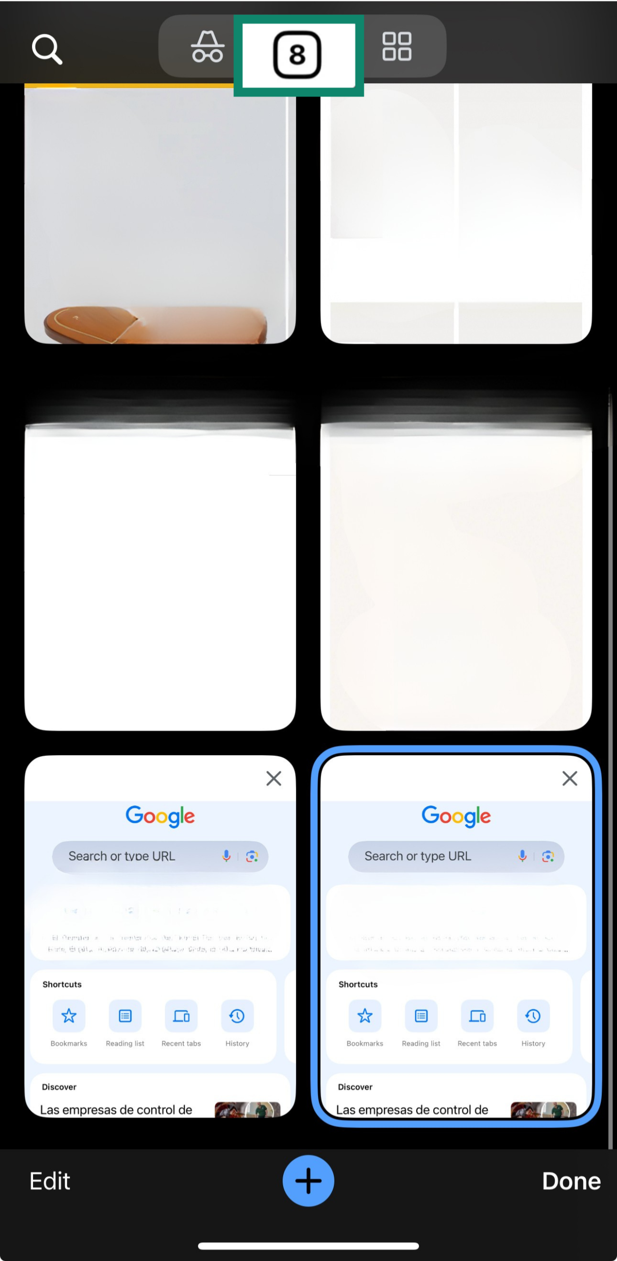 iOS Google Chrome tabs list highlighting the regular tab section.