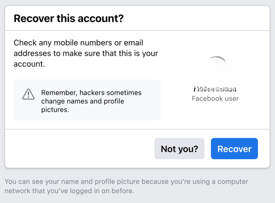Facebook confirming which hacked account to recover