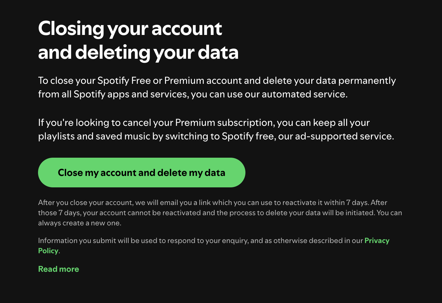 A screenshot of the page where Spotify confirms you want to delete your account.