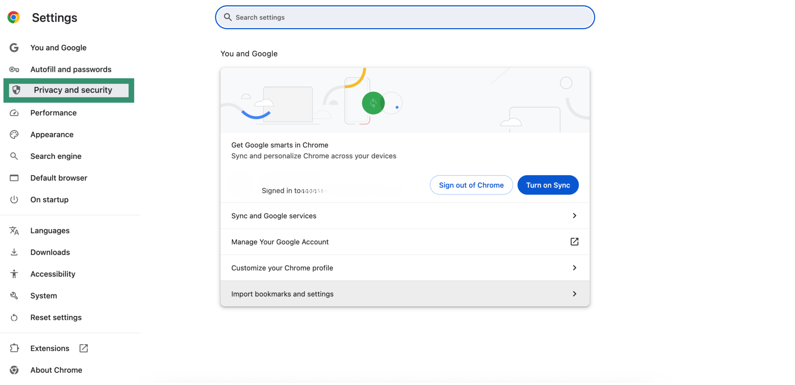 Privacy and security setting in Chrome.
