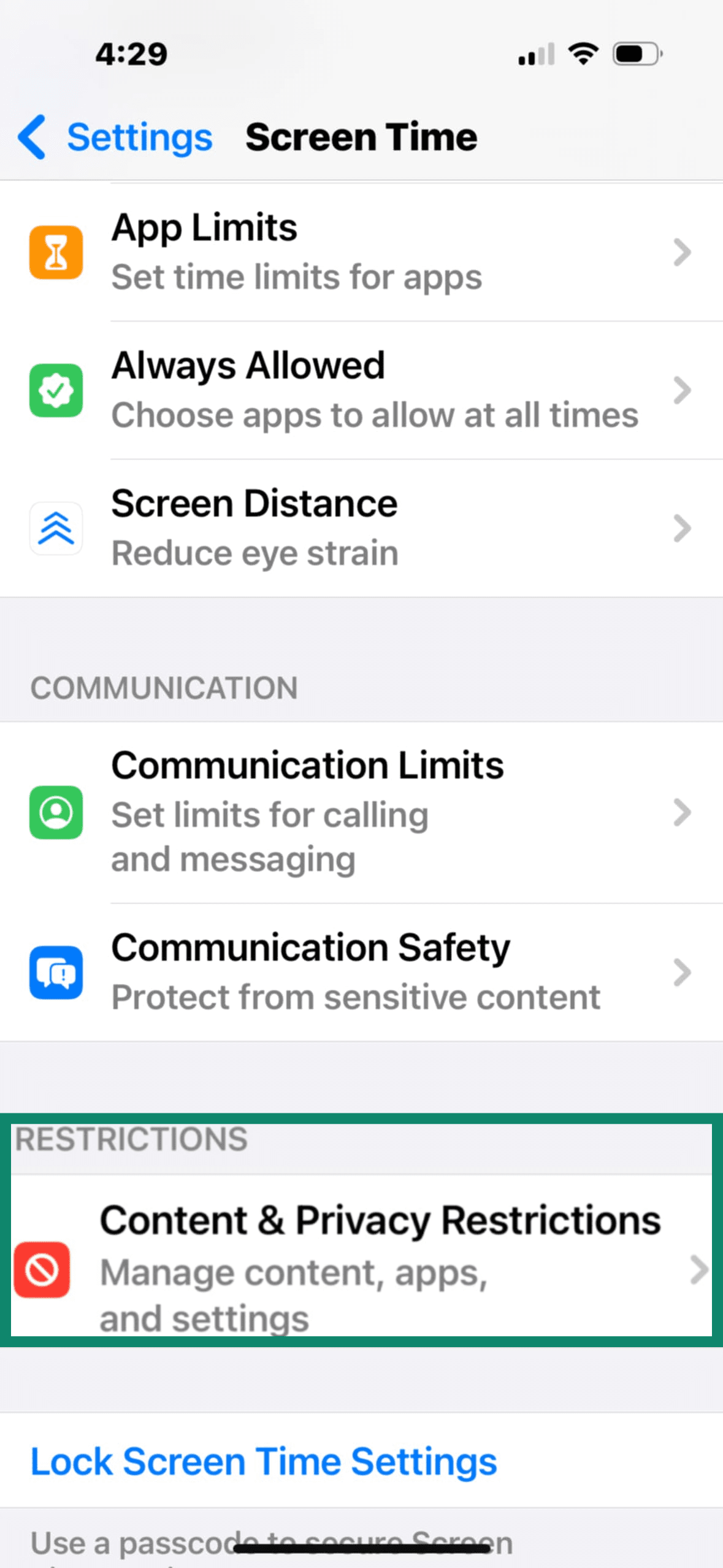 Screen Time settings with Content & Privacy Restrictions highlighted.