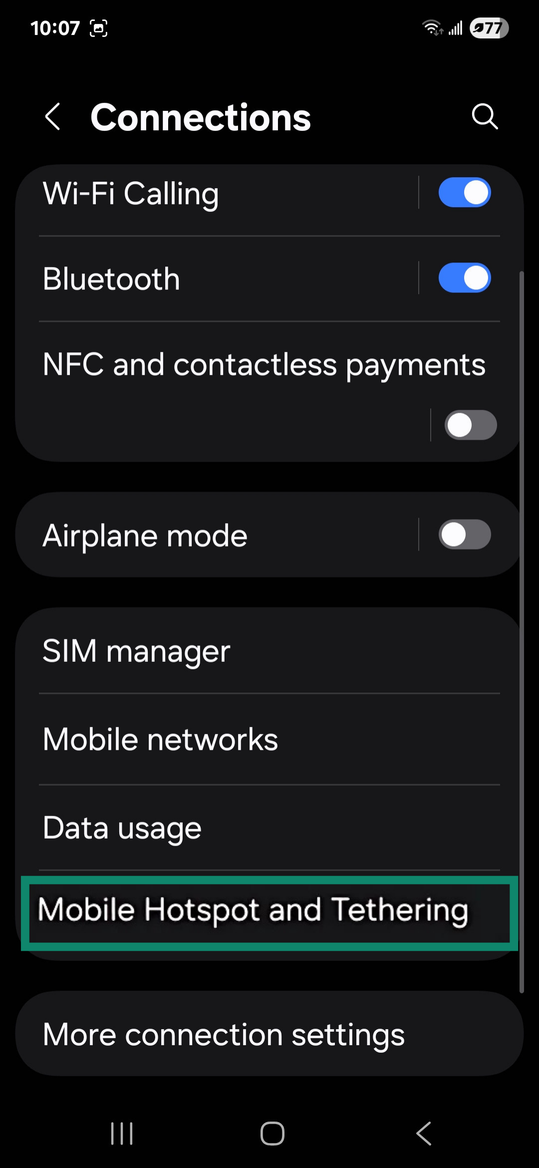 Android Connections menu highlighting Mobile Hotspot and Tethering.