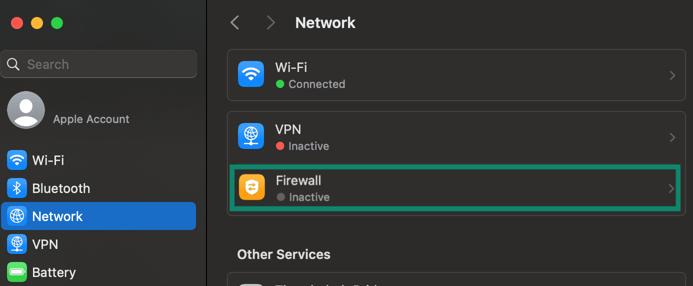 Mac System Settings Network tab with Firewall highlighted.