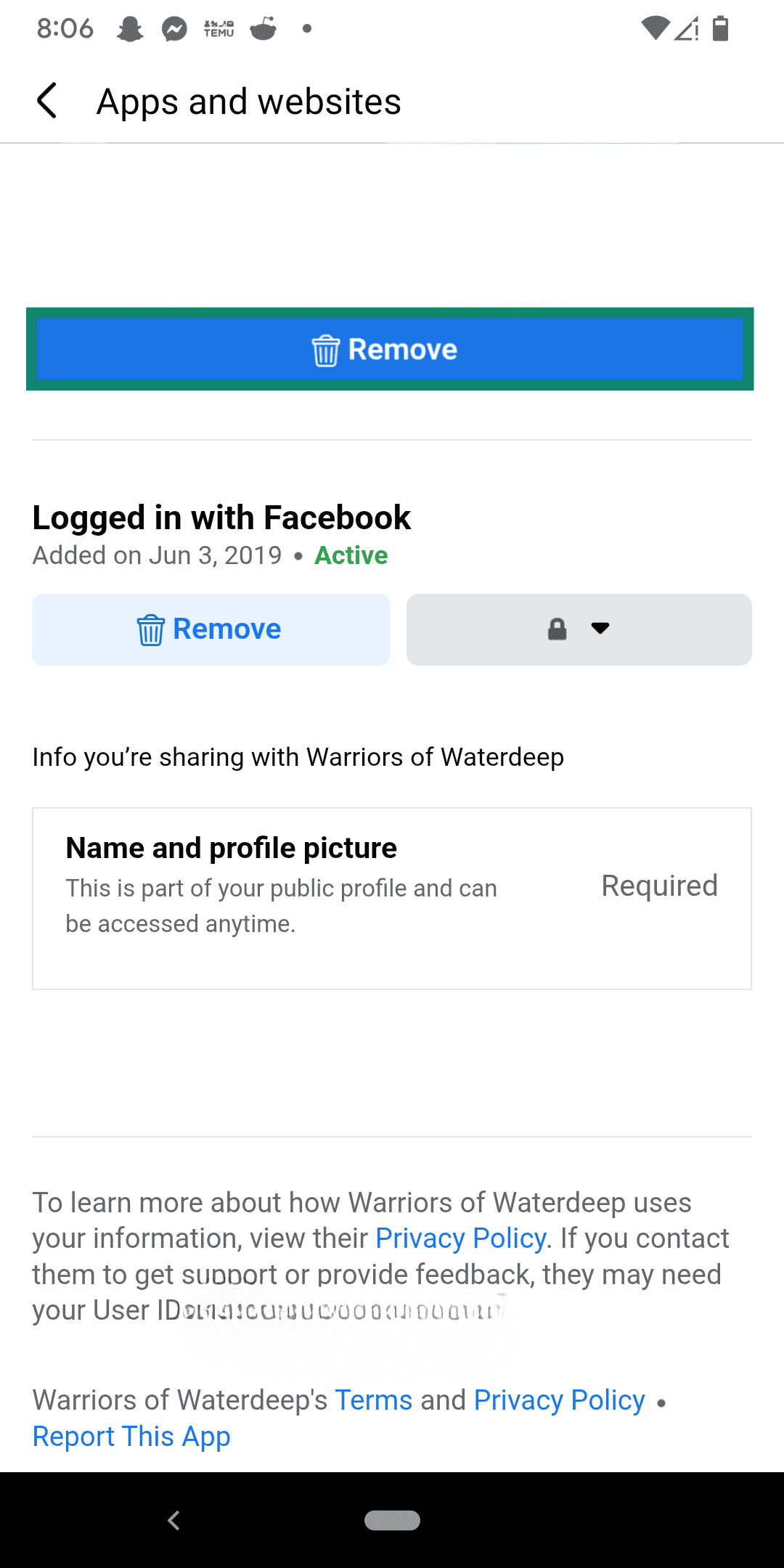 Removing an app from Facebook.