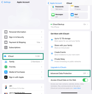 iPhone iCloud settings showing Advanced Data Protection option.