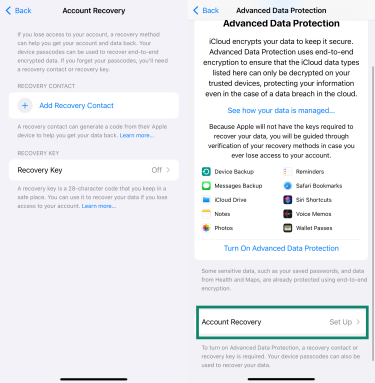 iPhone Account Recovery settings (left) and Advanced Data Protection menu with the Account Recovery option highlighted (right)