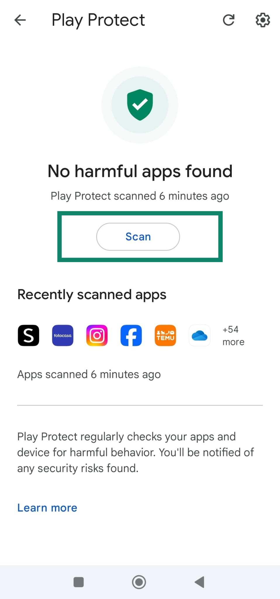 Play Protect screen showing no harmful apps and scan button highlighted