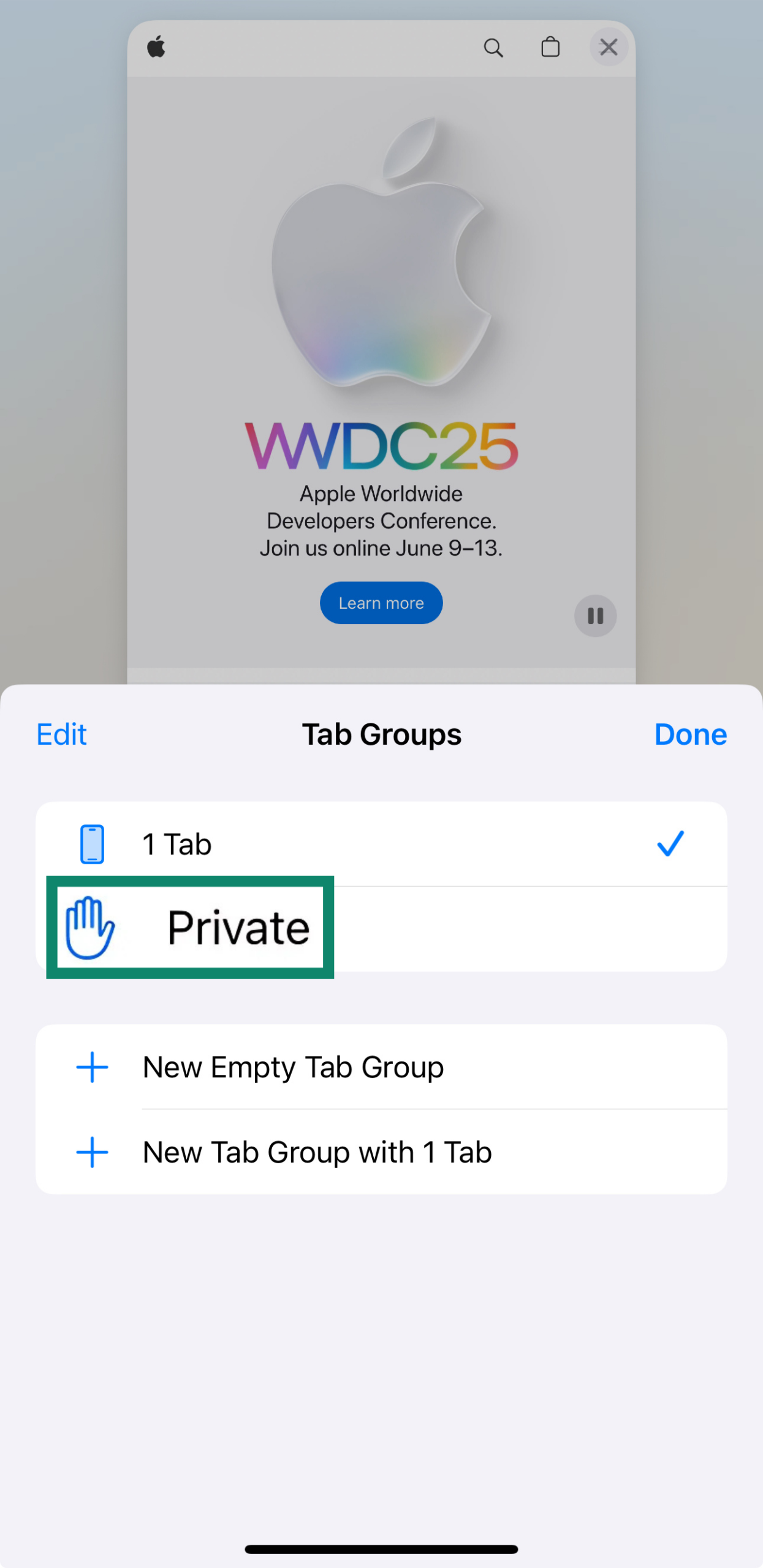 The Safari Private tab on an iPhone.