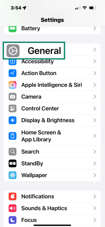 iPhone Settings menu with General settings highlighted.