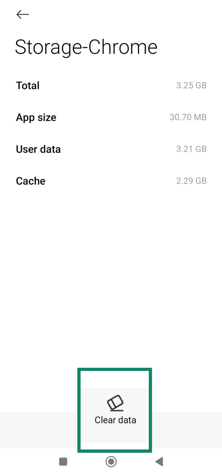 Chrome storage screen on Android with Clear data option highlighted.