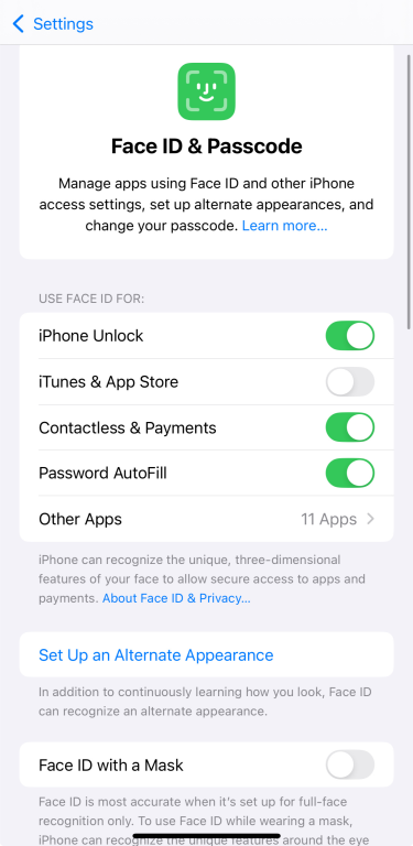iOS screen showing Face ID & Passcode options.