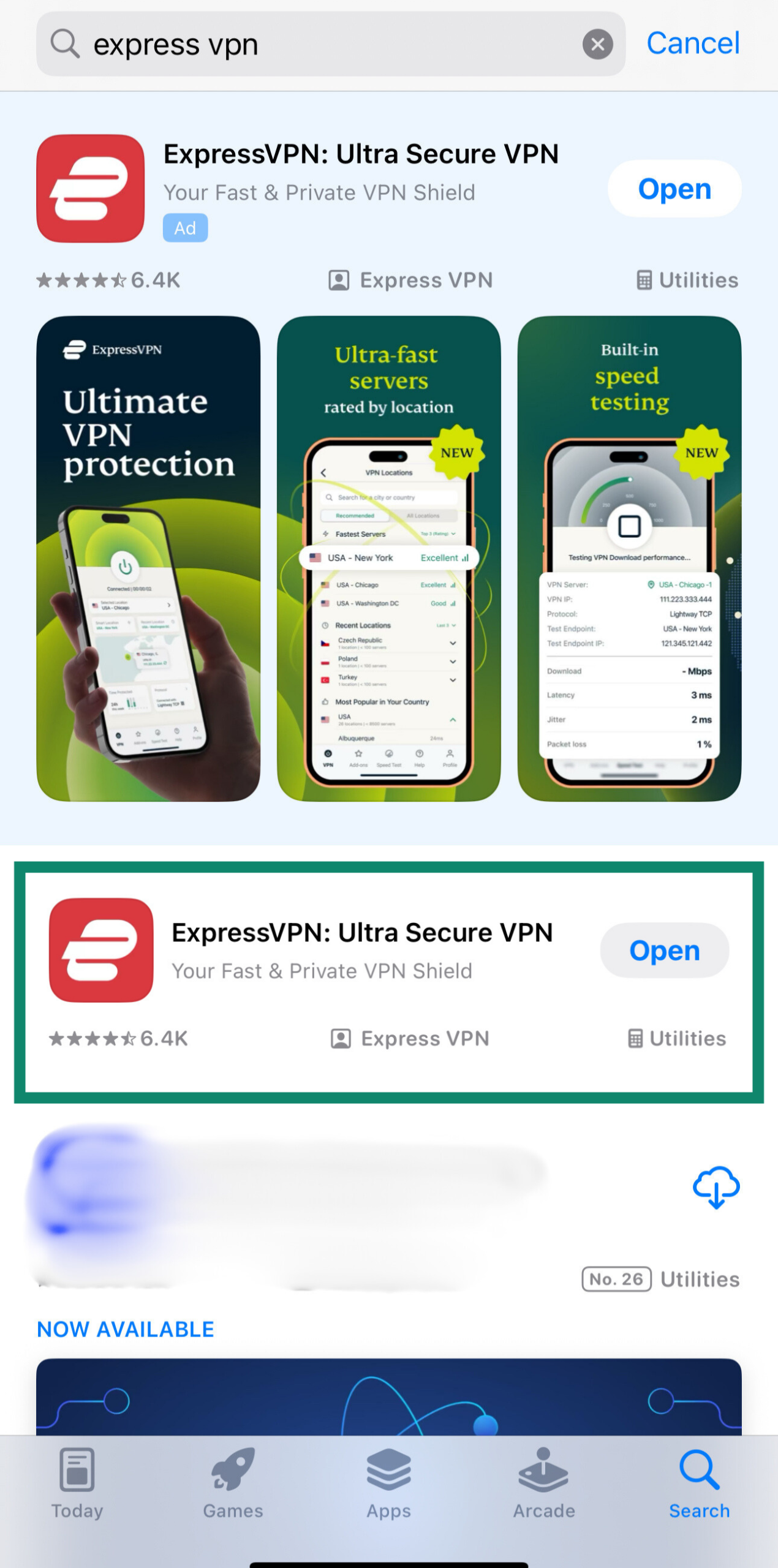The ExpressVPN app in the Apple App Store.