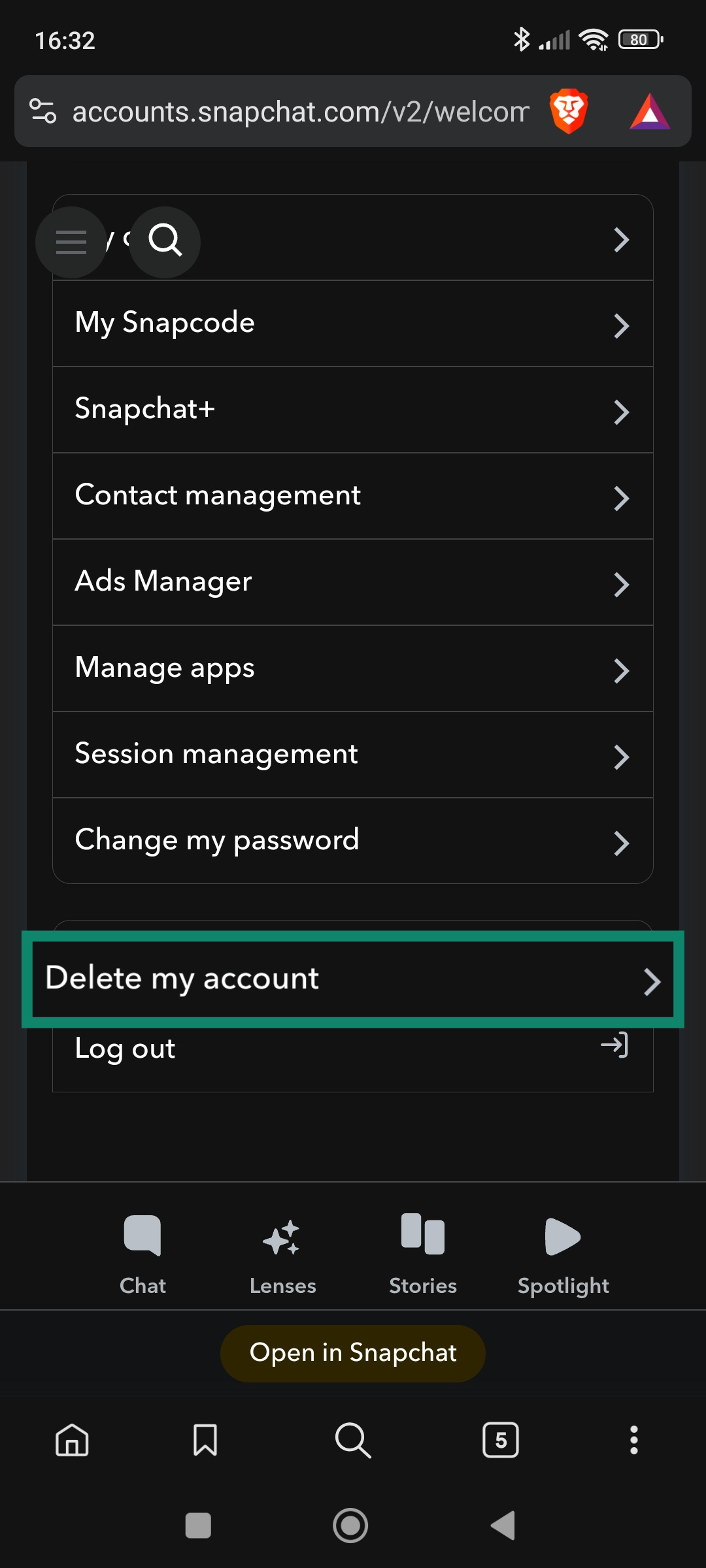 The Snapchat settings page, showing the Delete my account option.