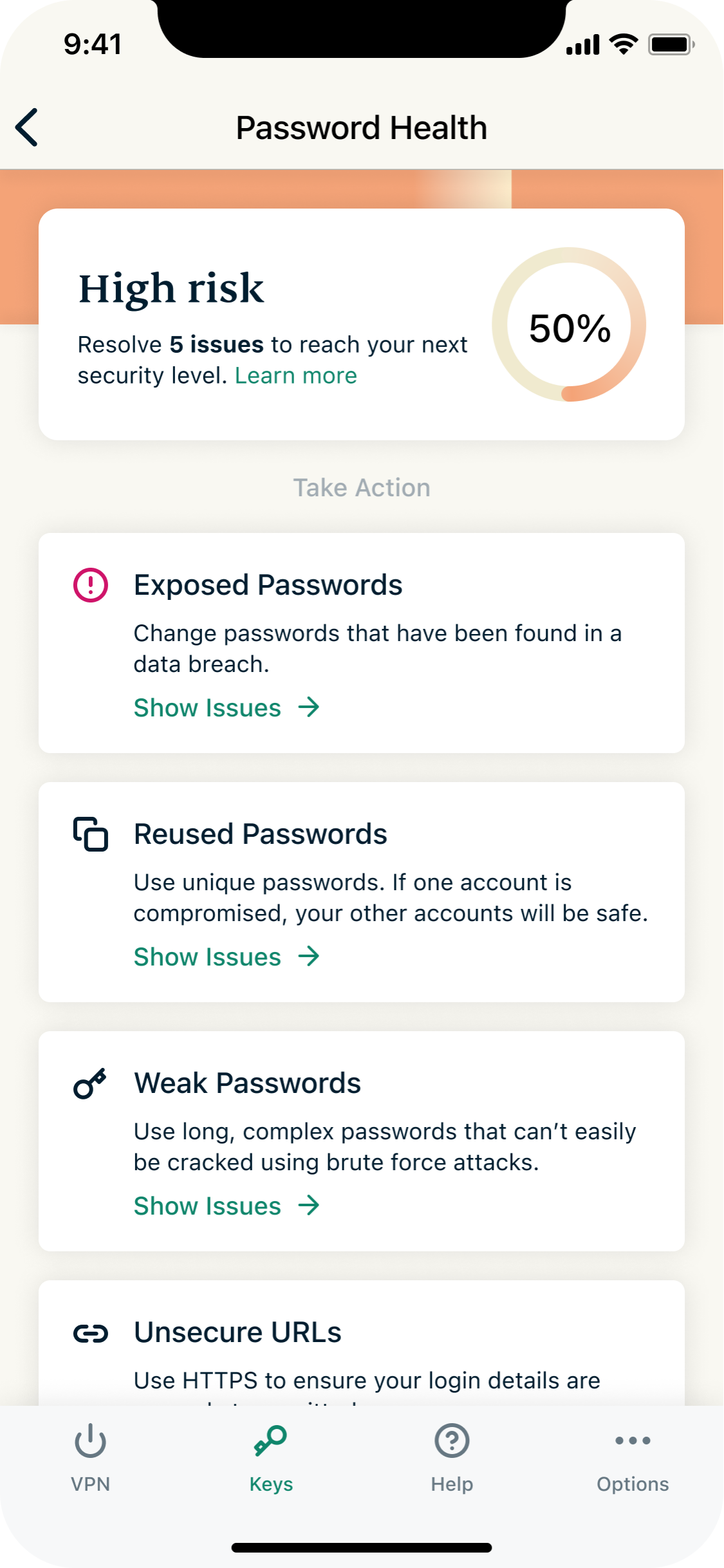 ExpressVPN Keys app showing its Password Health feature.