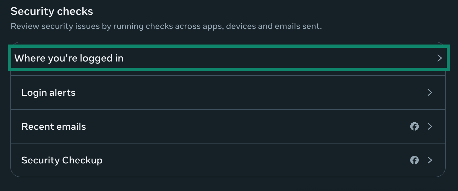 Facebook account security checks with logged-in session indicator highlighted.