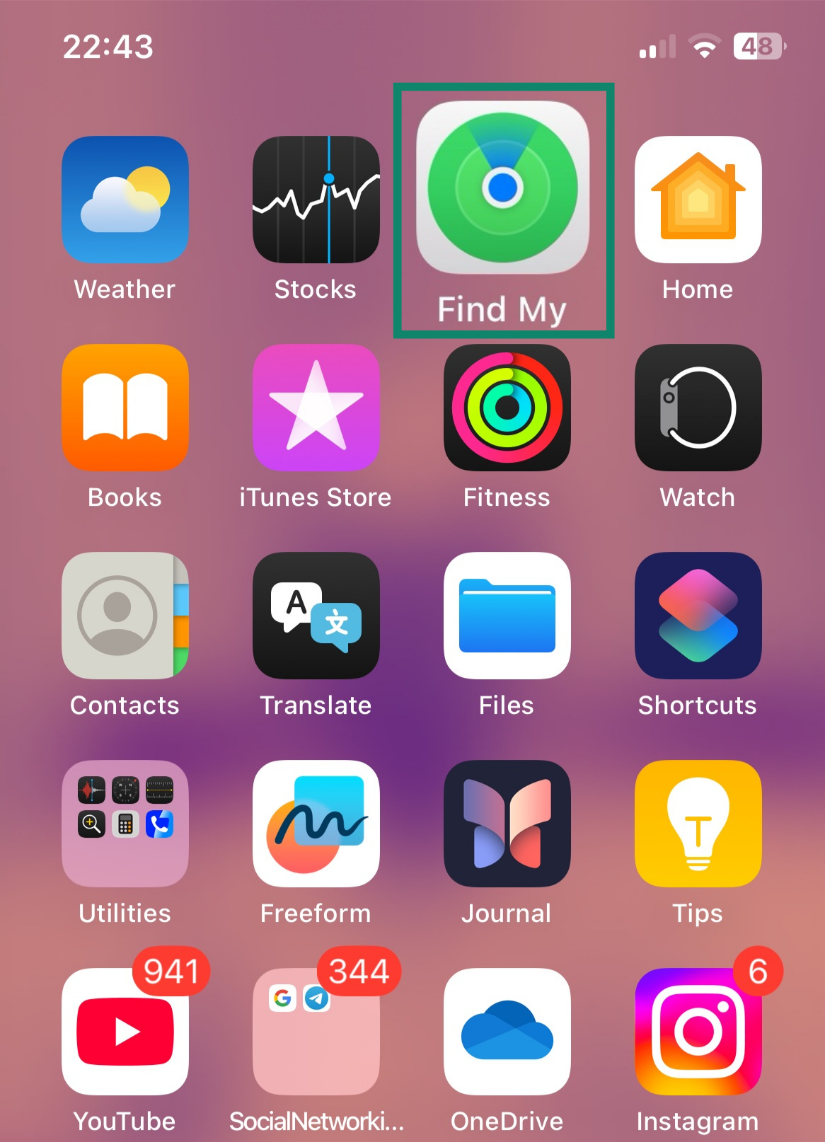 Screenshot of an iPhone app screen with Apple Find My highlighted.
