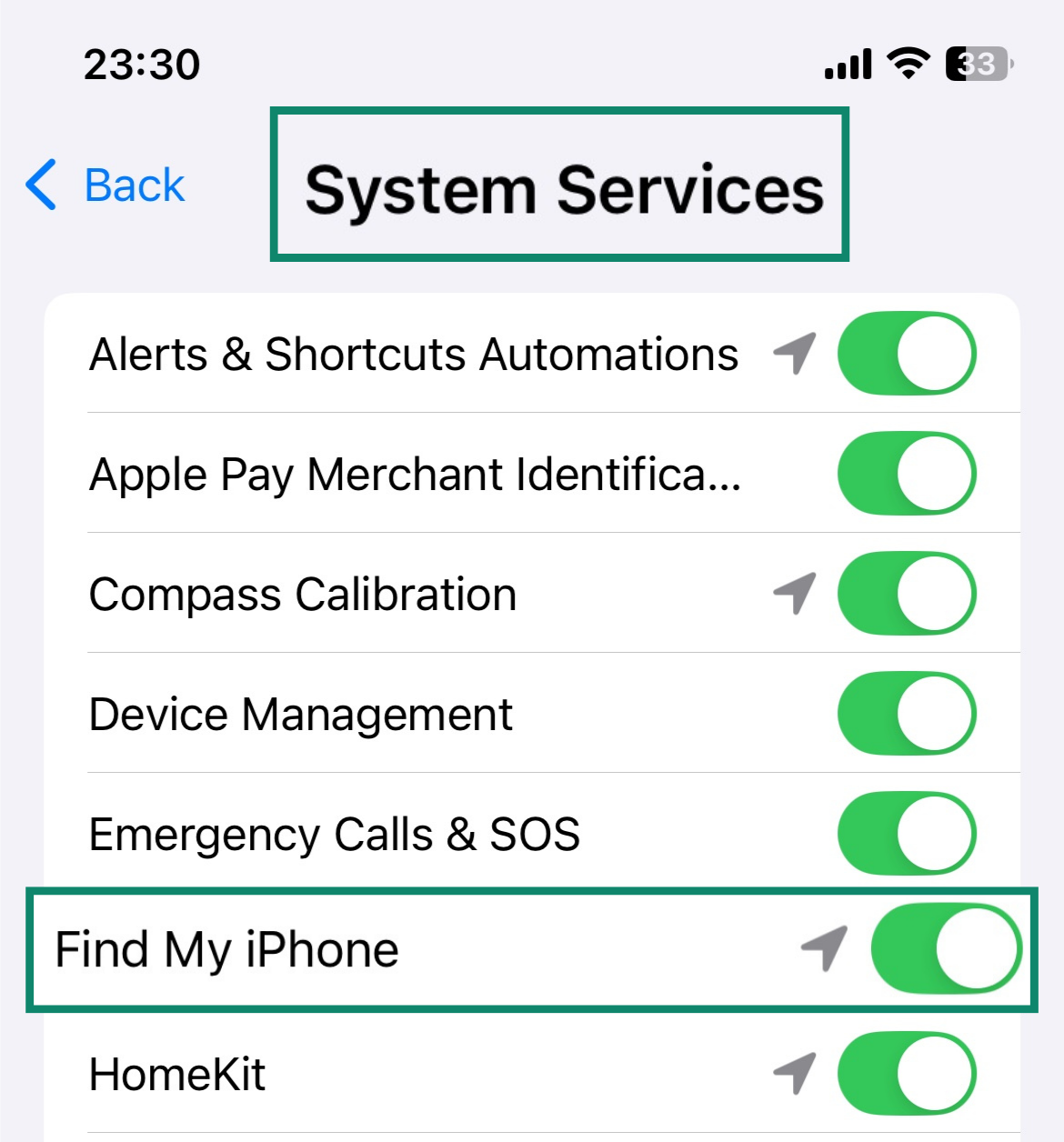 Screenshot of Find My iPhone being toggled on under the System Services settings menu.