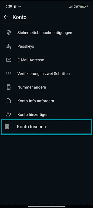 The Account page of the WhatsApp settings menu, showing the Delete account button.