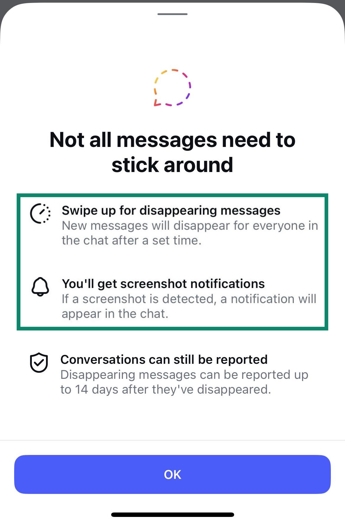 Instagram privacy screen showing disappearing messages parameters after activation.