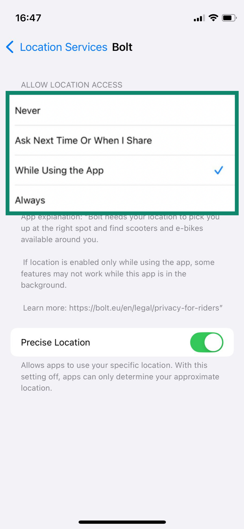 The iPhone Location Services options—Never, Ask Next Time Or When I Share, While Using the App, or Always.
