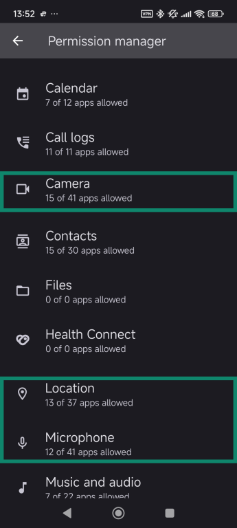 Permission manager home menu with highlighted Camera, Location, and Microphone options.