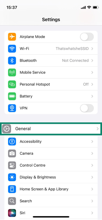 iPhone Settings app showing how to access the General options.