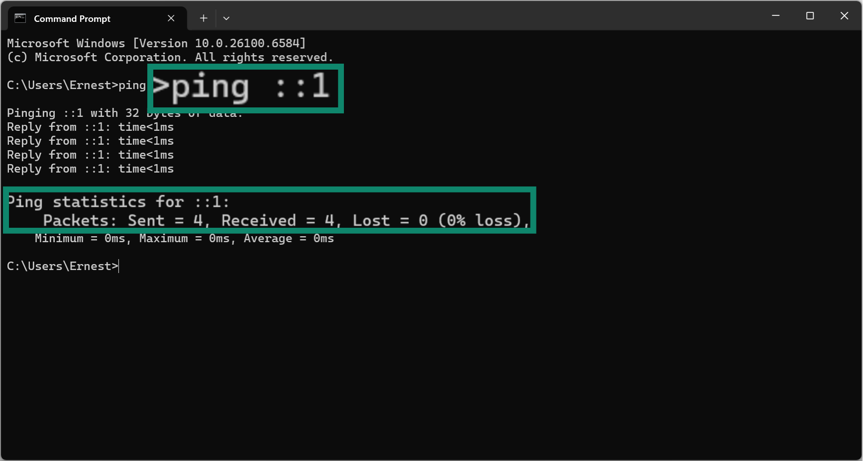 A Windows Command Prompt interface highlighting the command to ping an IPv6 loopback address as well as the response.