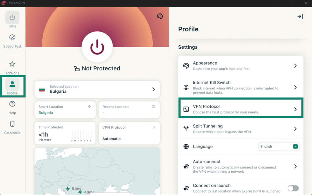 ExpressVPN's Windows app, showing a highlighted "Profile" tab and the "VPN Protocol" option. 