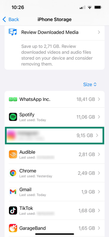 iPhone Storage settings displaying a list of installed apps