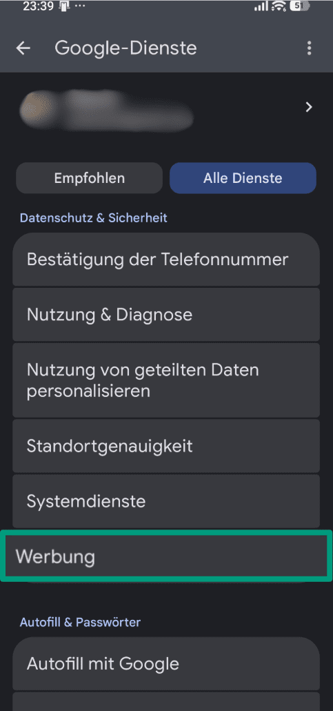 A screenshot of the Android Settings app, showing the Ads menu option.