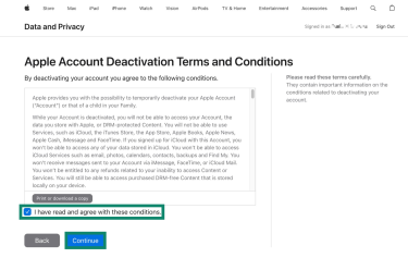 Apple's deactivation terms and conditions. The "I have read and agree with these conditions" and "Continue" buttons are highlighted.