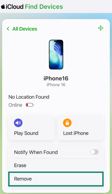 The iCloud Find Devices page for an iPhone. The "Remove" button is highlighted.