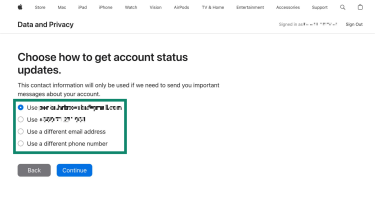 The "Choose how to get account status updates" tab on Apple's Data and Privacy page. The list of contact methods is highlighted.