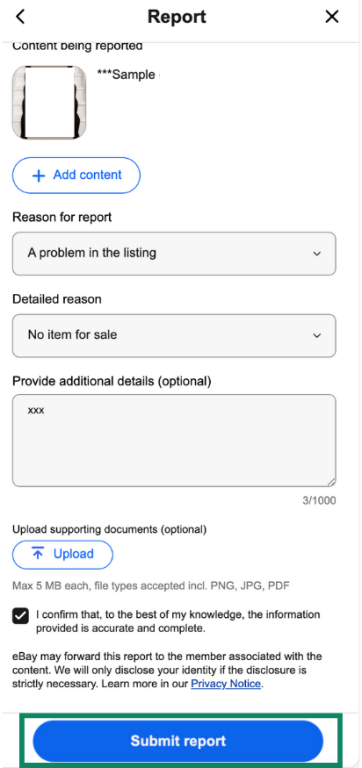 eBay report form filled out, showing the Submit report button
