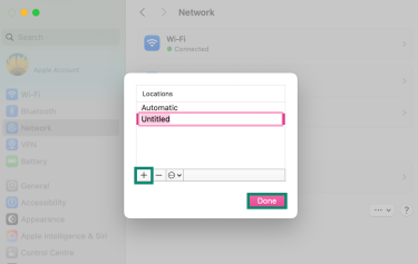 Screenshot of Mac's Edit Locations settings with plus and Done buttons highlighted.