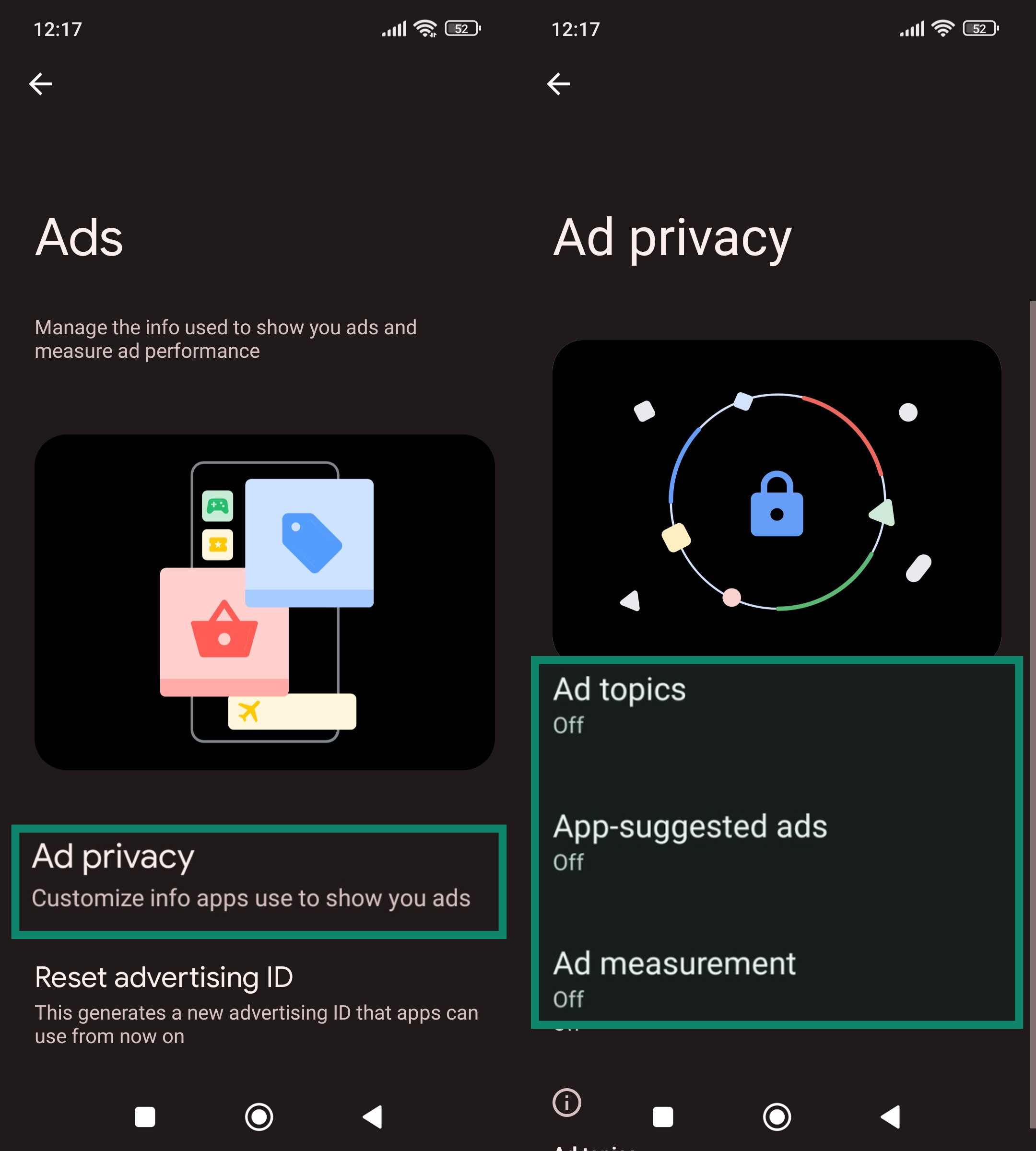 Two Android screenshots. The left screenshot shows the Settings menu with “Ads” selected and “Ad privacy” highlighted. The right screenshot displays the “Ad privacy” page, where the options for “Ad topics,” “App-suggested ads,” and “Ad measurement” are all switched off.