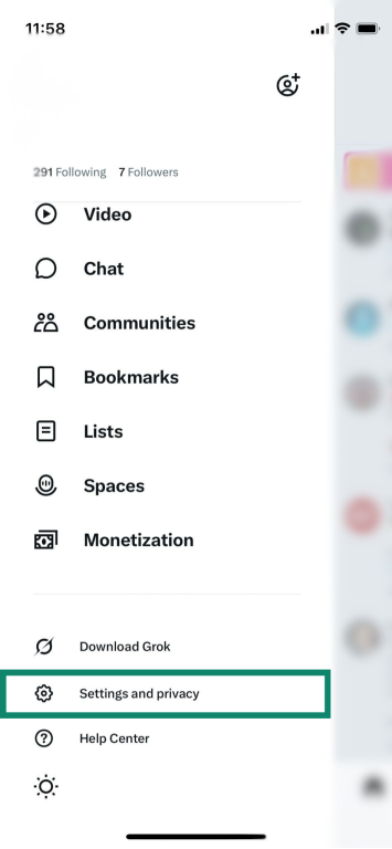 Settings and privacy in the Twitter (X) app.
