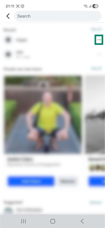 The search bar on the Android Facebook app. The three-dot menu icon for a search entry is highlighted.