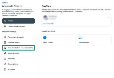 The Facebook Accounts Center page on desktop. The "Your information and permissions" tab is highlighted.