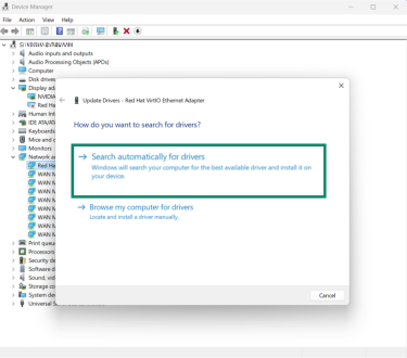 Device Manager showing driver update options for Ethernet adapter.