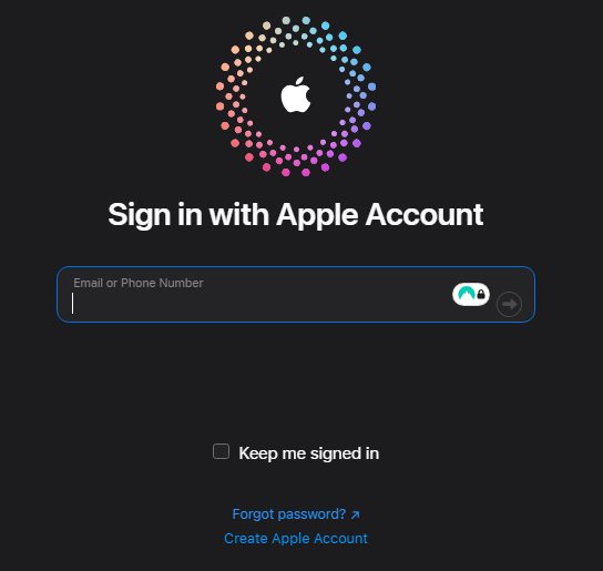 Apple ID log in screen asking for an email or phone number