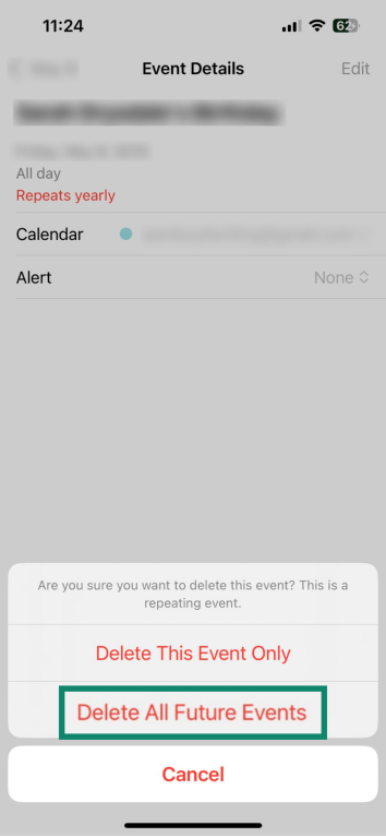 iPhone calendar screenshot with the option to delete all future events