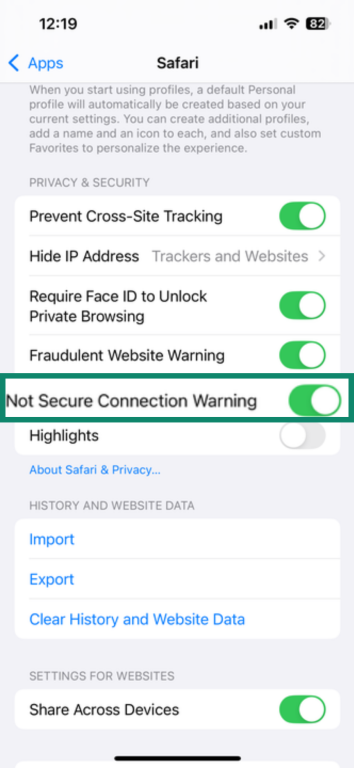 iPhone screenshot with the toggle for Non Secure Connection Warning