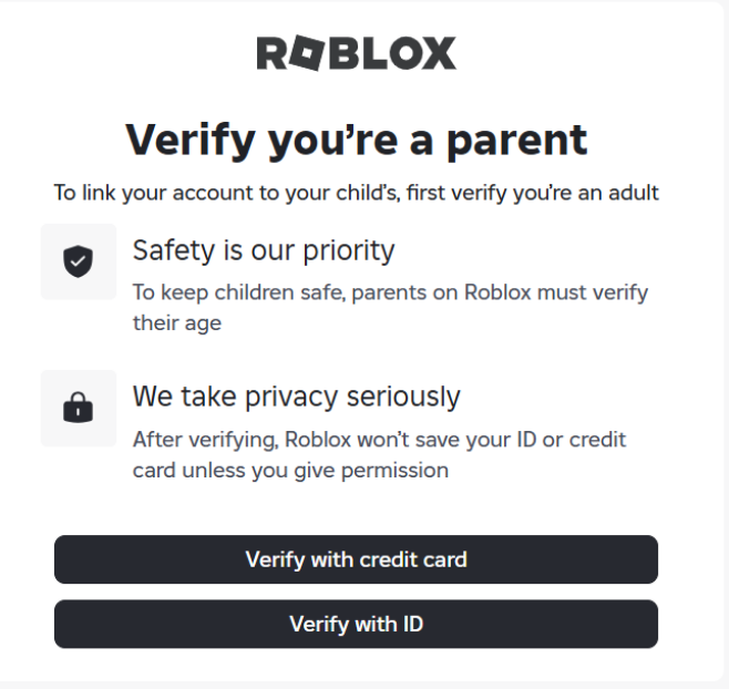 The Roblox parent verification screen, offering options to “Verify with credit card” or “Verify with ID”.
