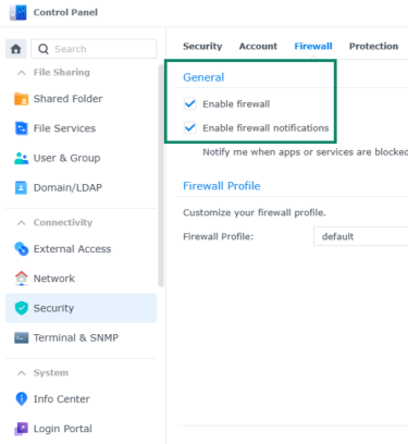 An image displaying how to enable a firewall through the control panel