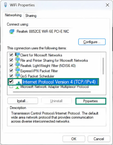 Selecting IPv4 and clicking Properties in network adapter settings.