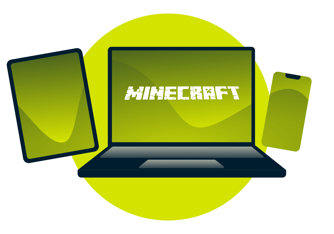 Minecraft logosu içeren çeşitli cihazlar.