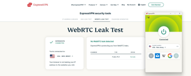 The ExpressVPN WebRTC Leak Test page showing no leaks detected.
