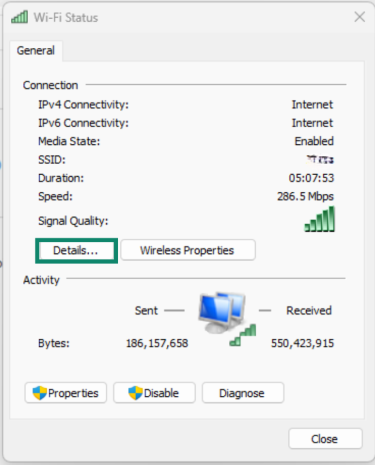 The "Details" button highlighted in the Wi-Fi status windows on Windows.