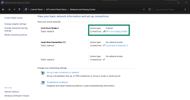 The access type and connection details highlighted in the Network and Sharing Center on WIndows.